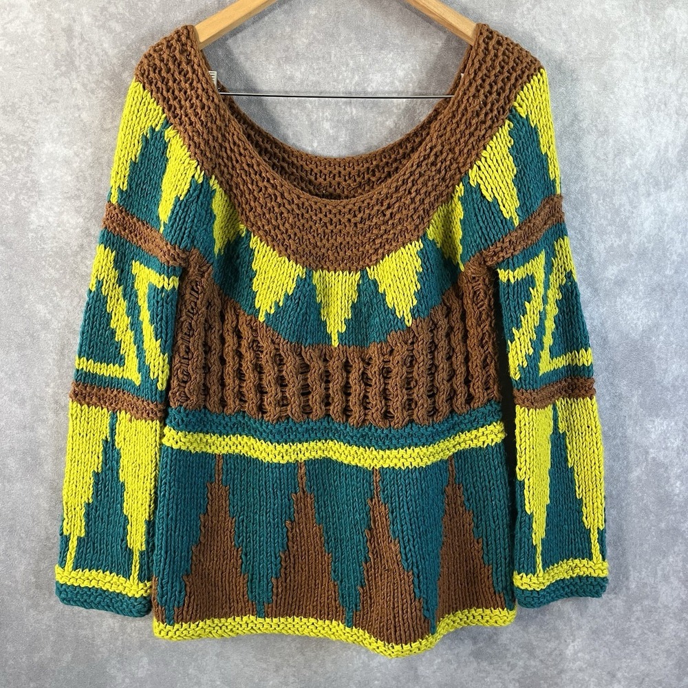 Handmade Chunky Knit Sweater Womens Medium Teal Brown Yellow Geometric Pullover